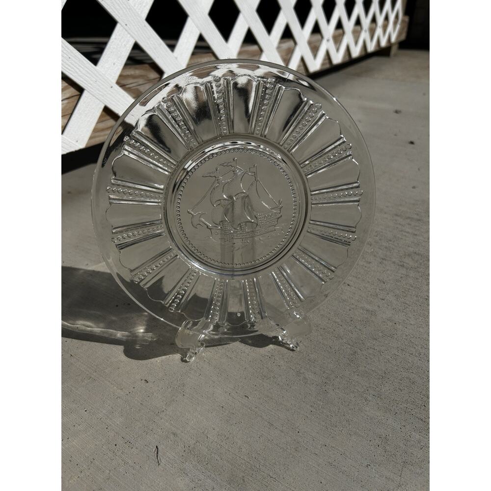Vintage Clipper Sailing Ship Glass Plate & Stand Clear 250 USA Anniversary